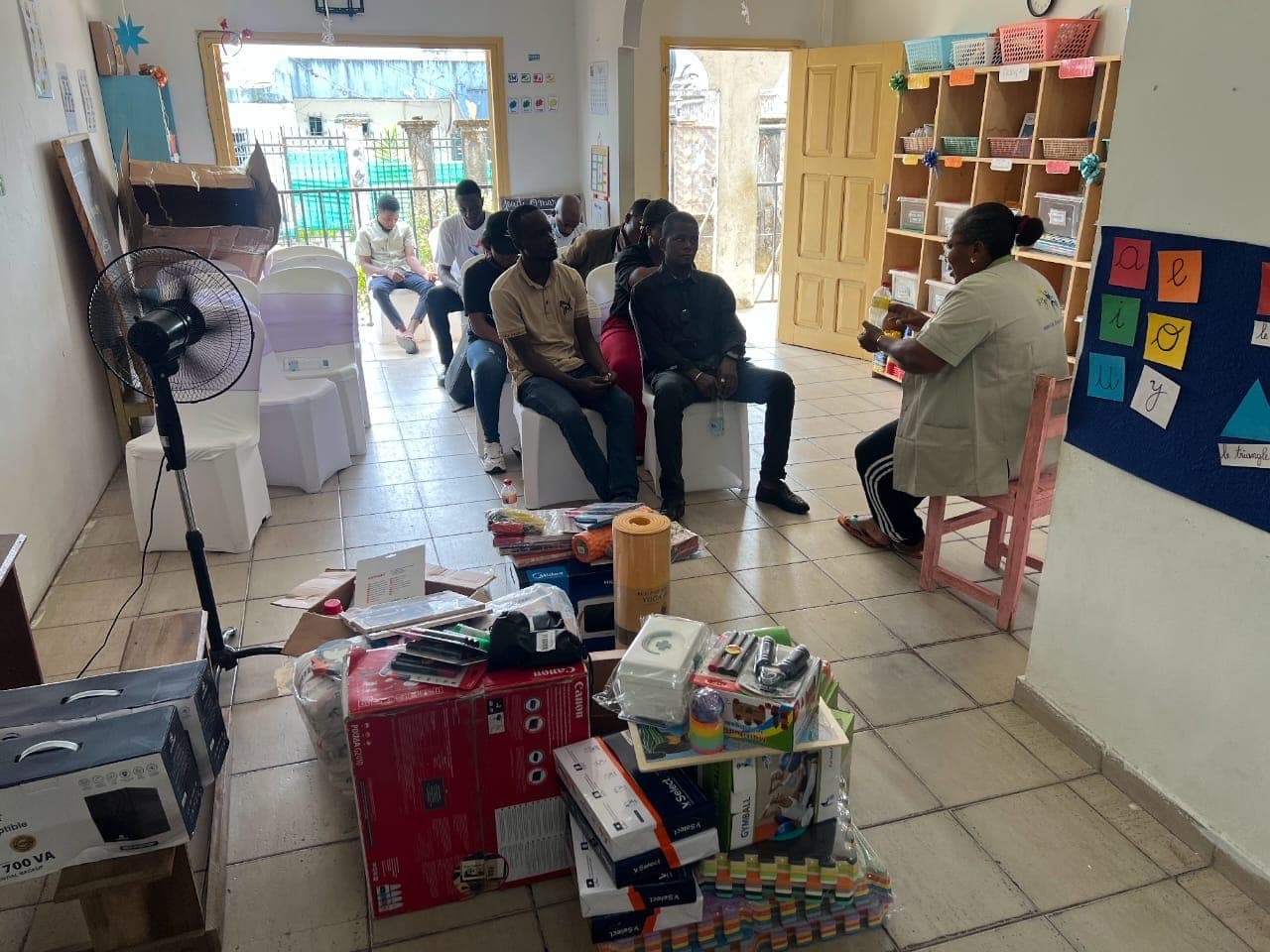 Donations set up in a classroom of the center